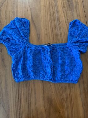 Zara Royal Blue Smocked Puff-Sleeve Crop Top